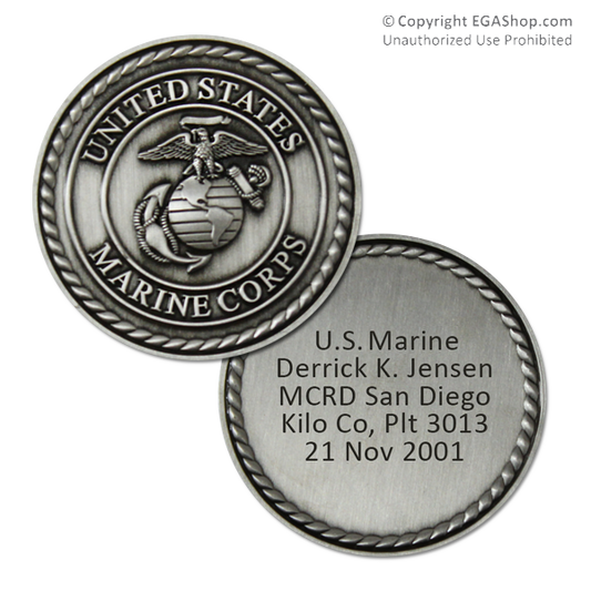 Achievement Coin, Silver: Custom Engraved Marine Corps Coin