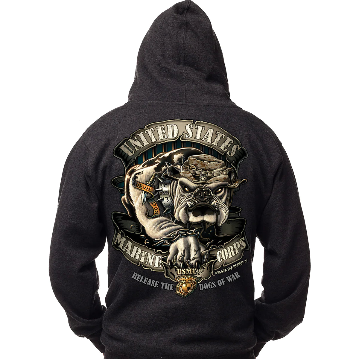 Hoodie: Marine Corps Bulldog, Black Hoodie (Clearance)