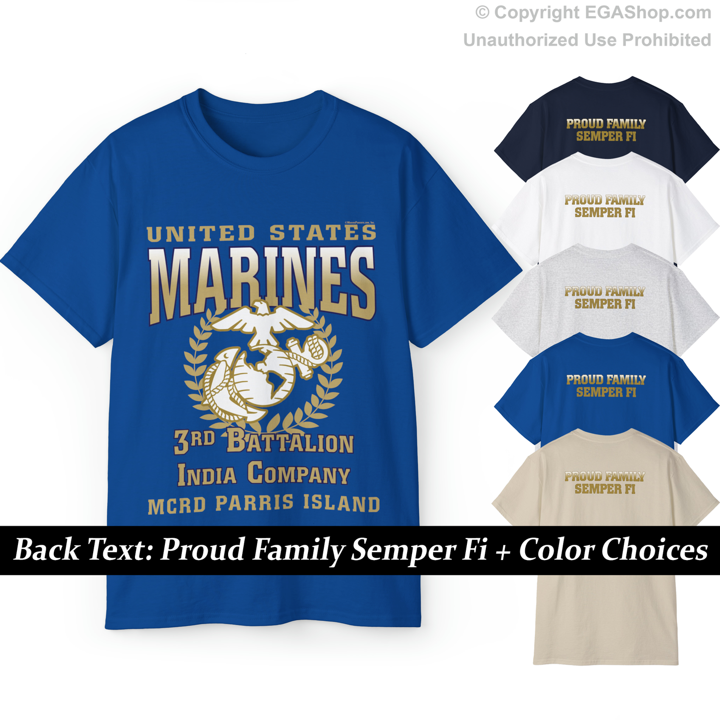 T-Shirt: India Co. MCRD Parris Island (EGA + Back Proud Family)