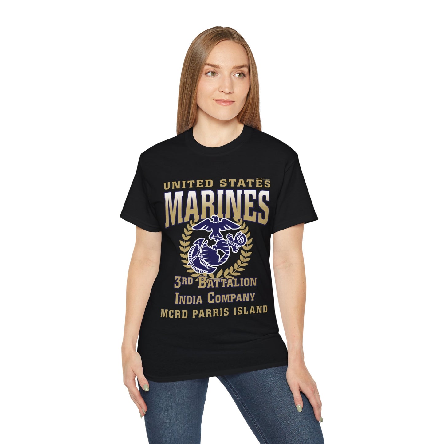 T-Shirt: India Co. MCRD Parris Island (EGA + Back Proud Family)