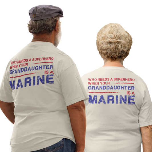 T-Shirt: Superhero, GRANDAUGHTER is a Marine (color choices)